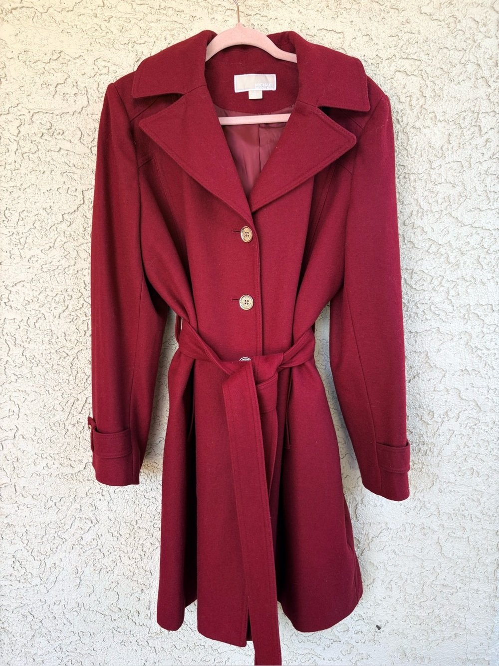 Michael Kors Missy Women XL Red Wool Blend Belted Trench Coat Gold Button Hood